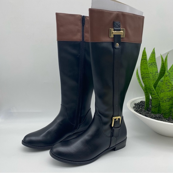 KAREN SCOTT Deliee2 Riding Boots in black and cognac faux leather size 6.5M NEW - Picture 7 of 9